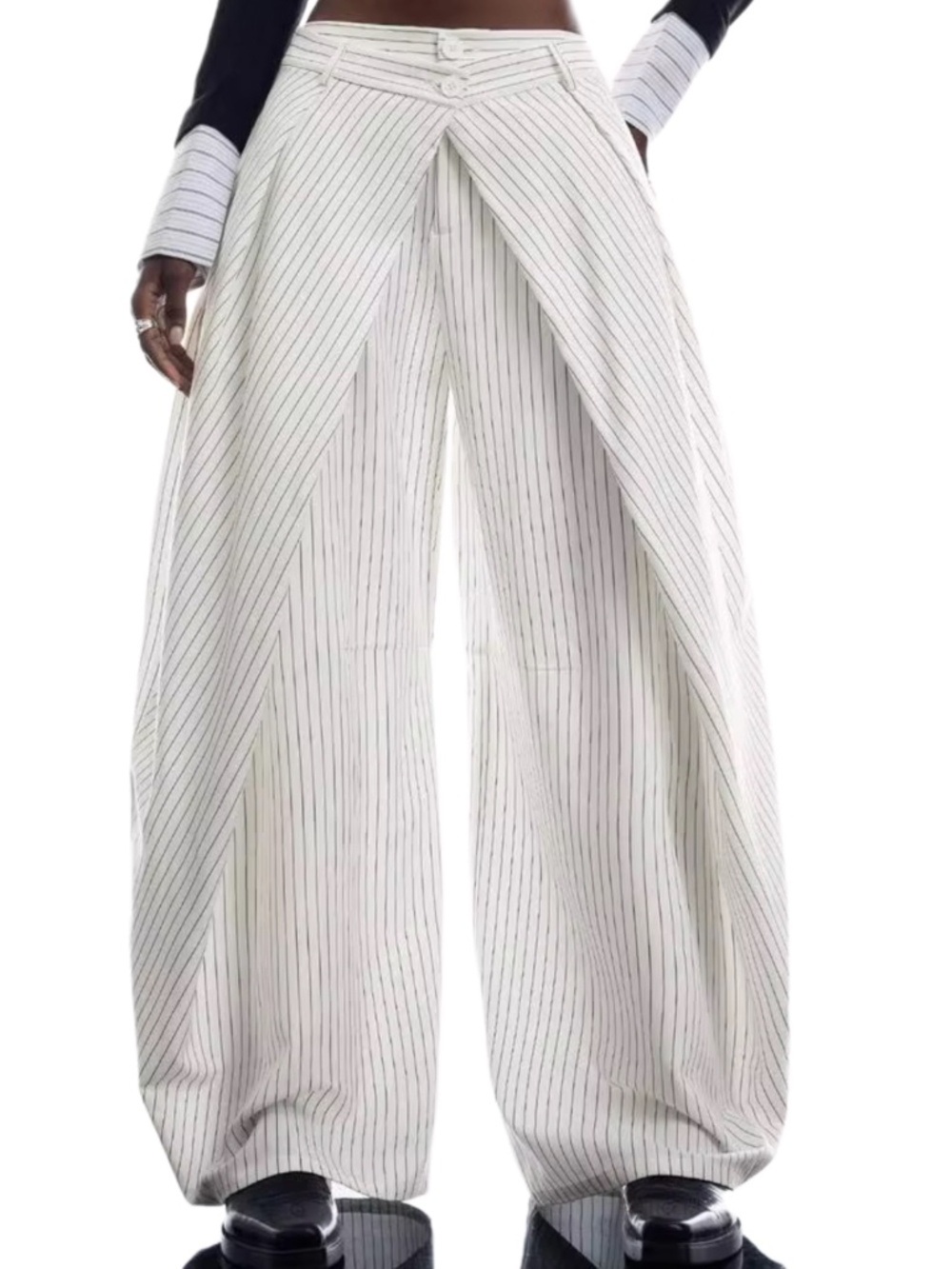 LYSMO Women's Black And White Striped Pleated Casual Streetwear Pants